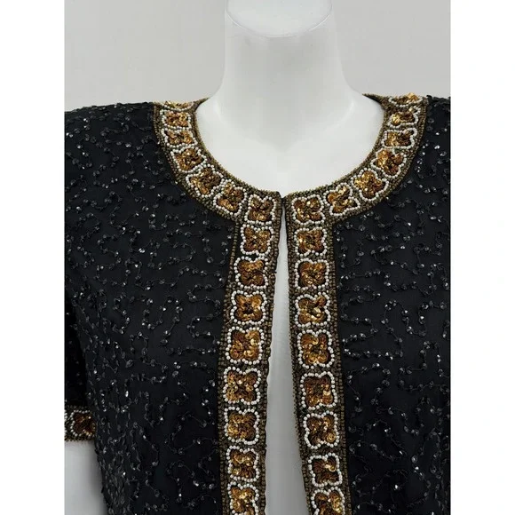 Vintage Laurence Kazar Jacket Womens Large Black Beaded 100% Silk Evening Formal - Picture 2 of 9